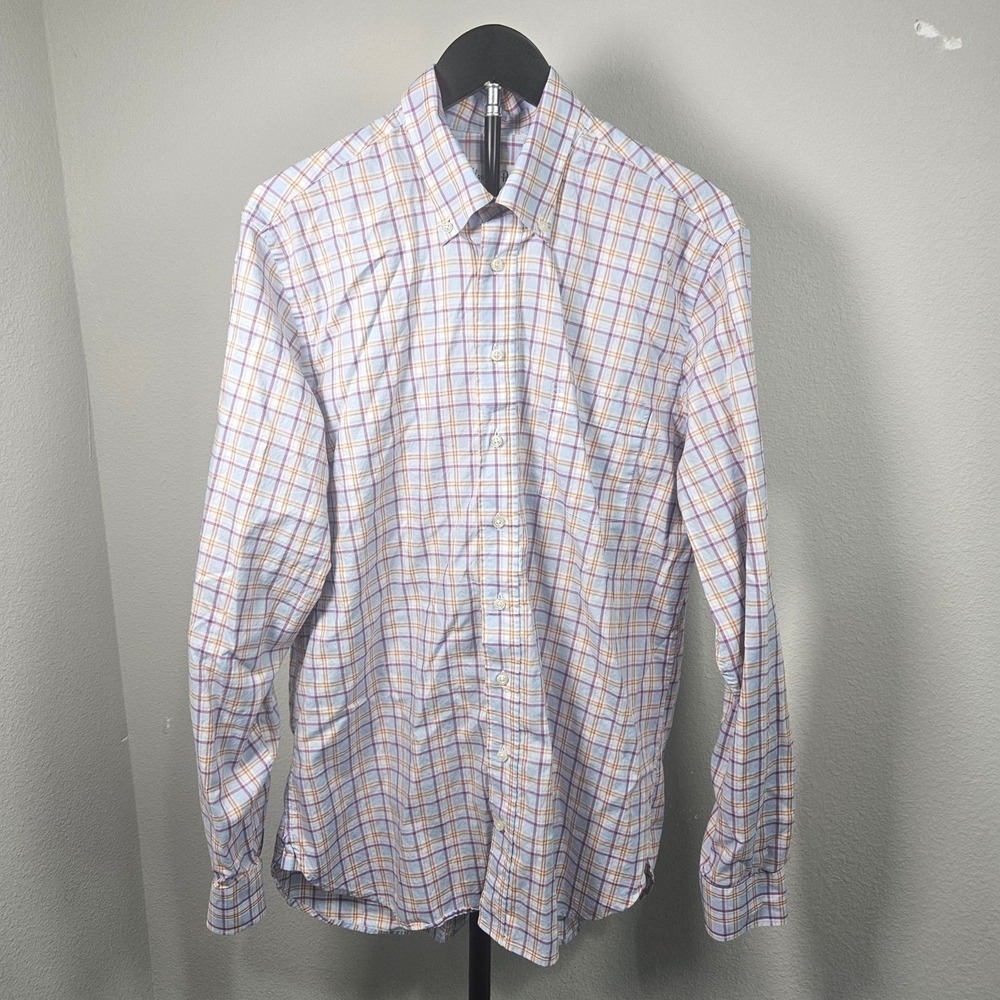 Alan Paine Button Down Shirt Mens Medium Blue Orange Plaid Heritage Preppy